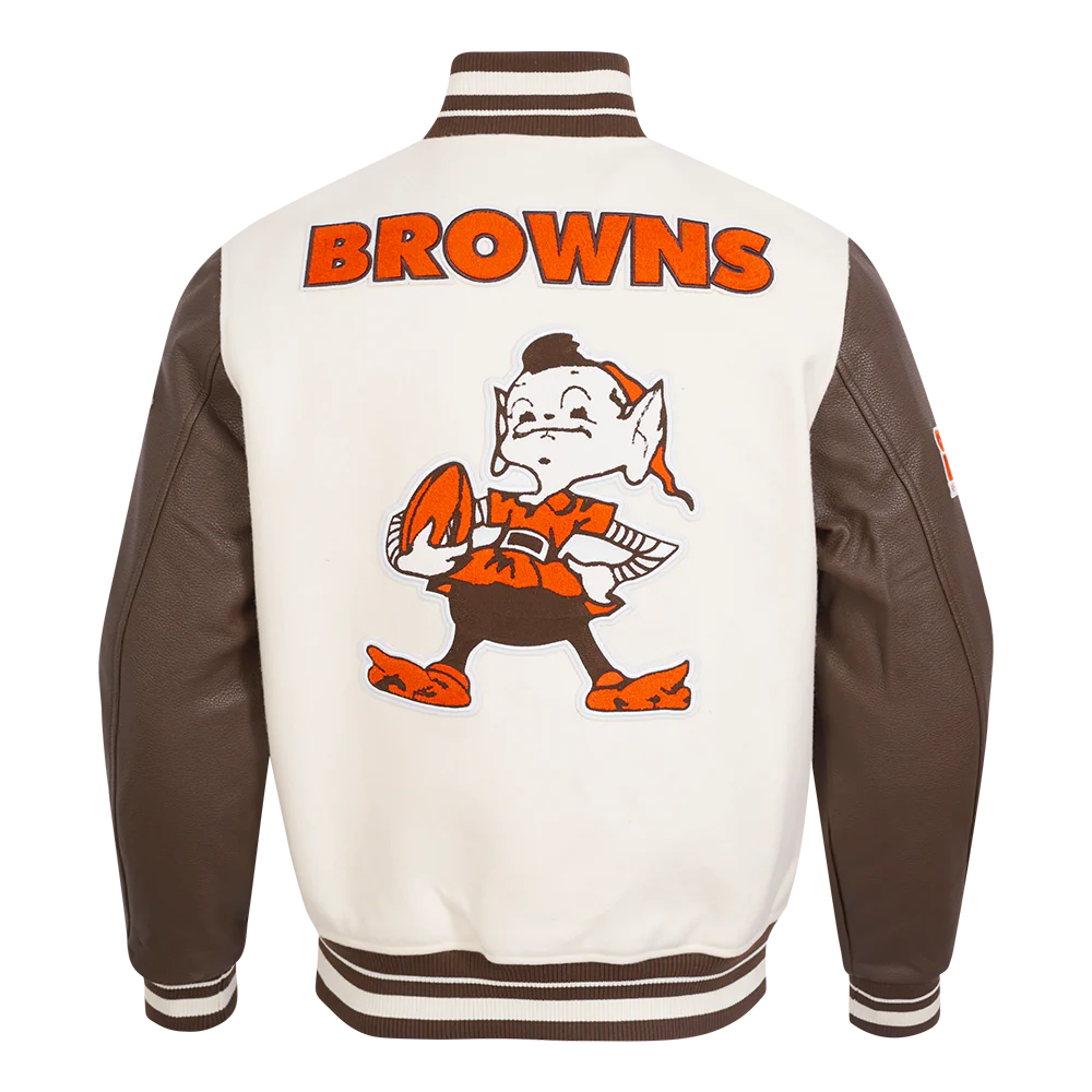 NFL CLEVELAND BROWNS RETRO CLASSIC MEN'S RIB WOOL VARSITY JACKET (EGGSHELL/ BROWN) - Image 3
