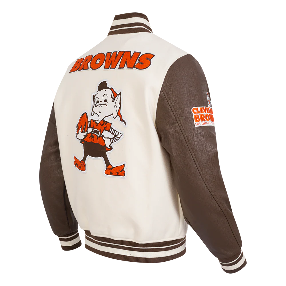 NFL CLEVELAND BROWNS RETRO CLASSIC MEN'S RIB WOOL VARSITY JACKET (EGGSHELL/ BROWN) - Image 4