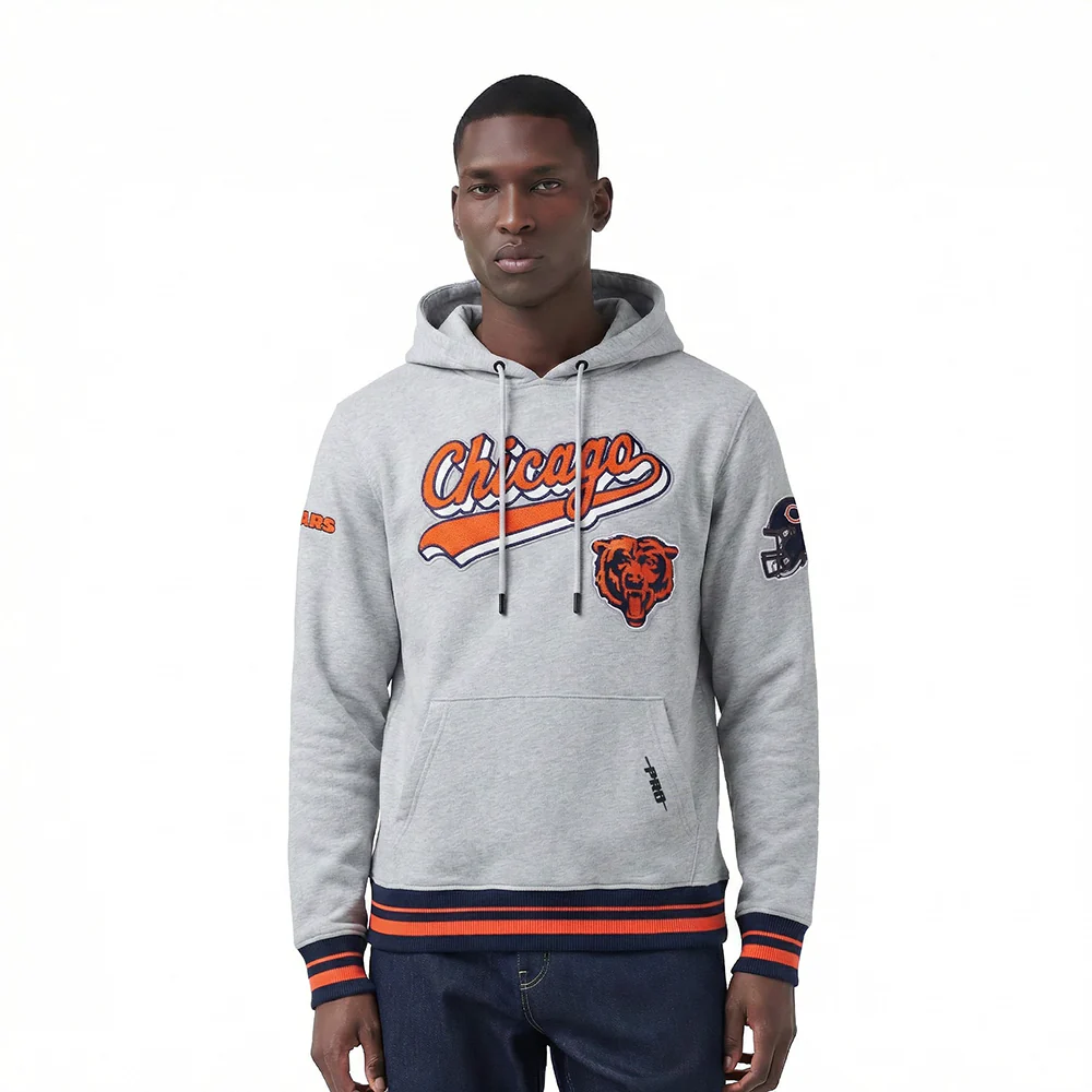NFL CHICAGO BEARS SCRIPT TAIL MEN'S RIB FLC PO HOODIE (HEATHER GREY/MIDNIGHT NAVY/ORANGE)