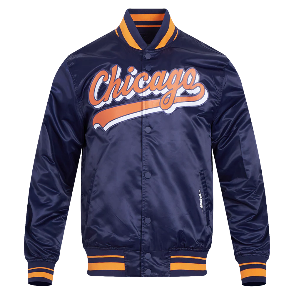 NFL CHICAGO BEARS SCRIPT TAIL MEN'S SATIN JACKET (MIDNIGHT NAVY/ORANGE/MIDNIGHT NAVY)