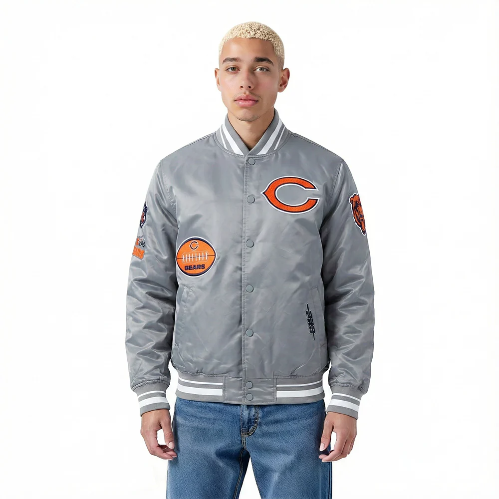 NFL CHICAGO BEARS OLD ENGLISH MEN'S RIB SATIN JACKET (GRAY)