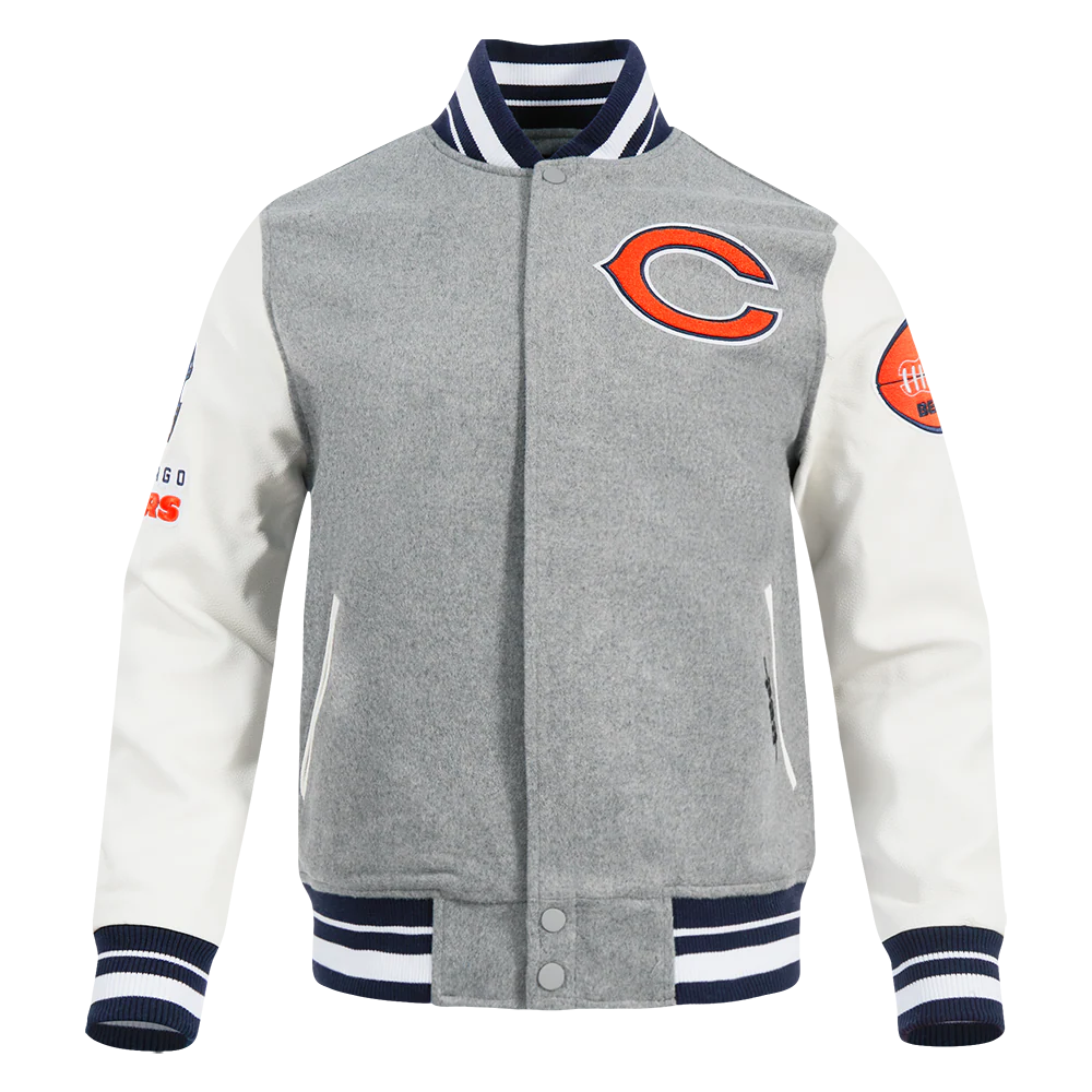 NFL CHICAGO BEARS OLD ENGLISH MEN'S RIB WOOL VARSITY JACKET (HEATHER GREY/WHITE/MIDNIGHT NAVY)