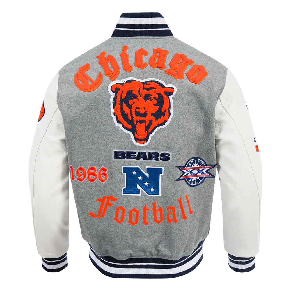 NFL CHICAGO BEARS OLD ENGLISH MEN'S RIB WOOL VARSITY JACKET (HEATHER GREY/WHITE/MIDNIGHT NAVY) - Image 3