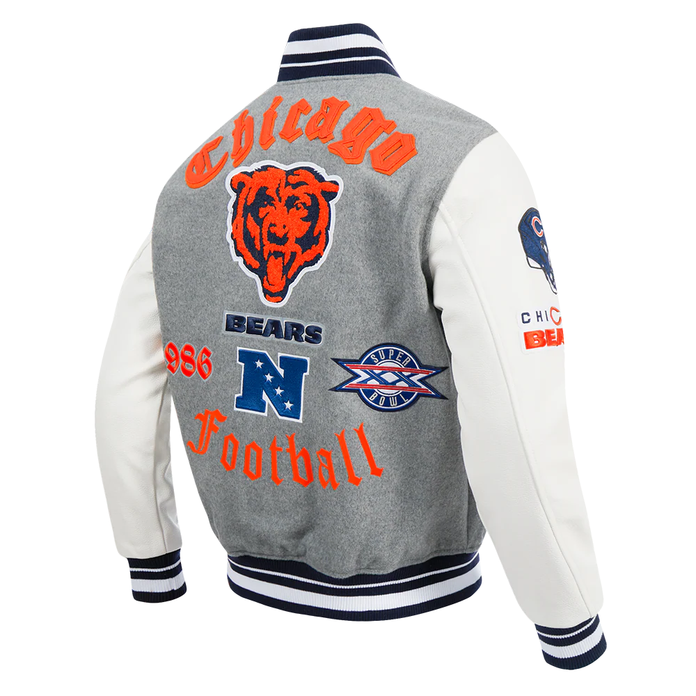 NFL CHICAGO BEARS OLD ENGLISH MEN'S RIB WOOL VARSITY JACKET (HEATHER GREY/WHITE/MIDNIGHT NAVY) - Image 4