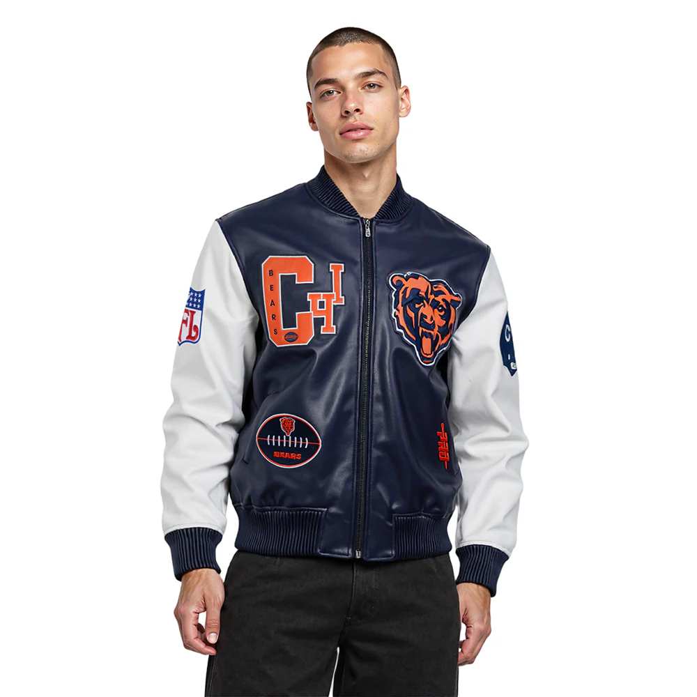 NFL CHICAGO BEARS BEST OF MEN'S LEATHER VARSITY JACKET (MIDNIGHT NAVY/WHITE) - Image 2