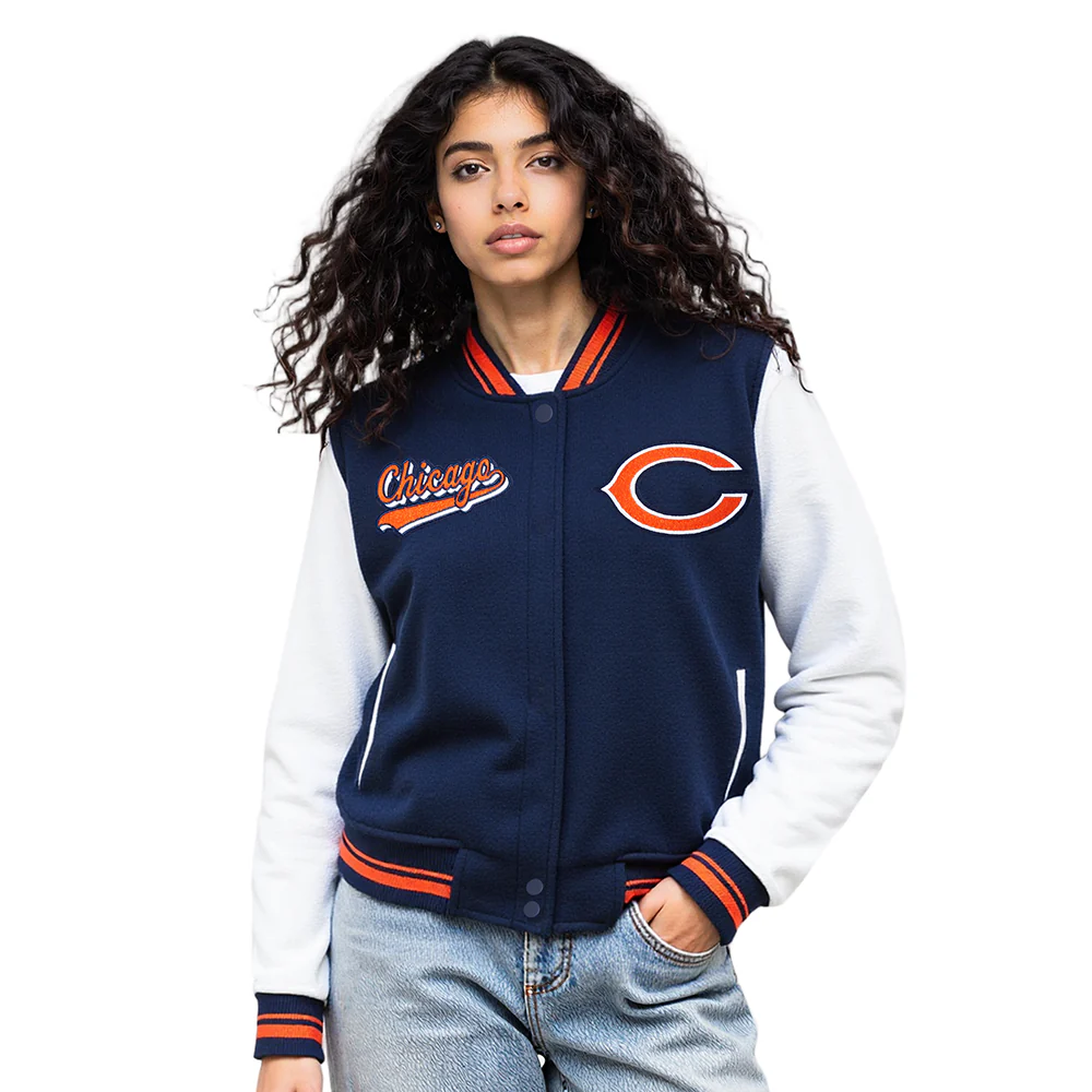 NFL CHICAGO BEARS SCRIPT TAIL WOMEN'S WOOL VARSITY JACKET (MIDNIGHT NAVY/ORANGE/MIDNIGHT NAVY)