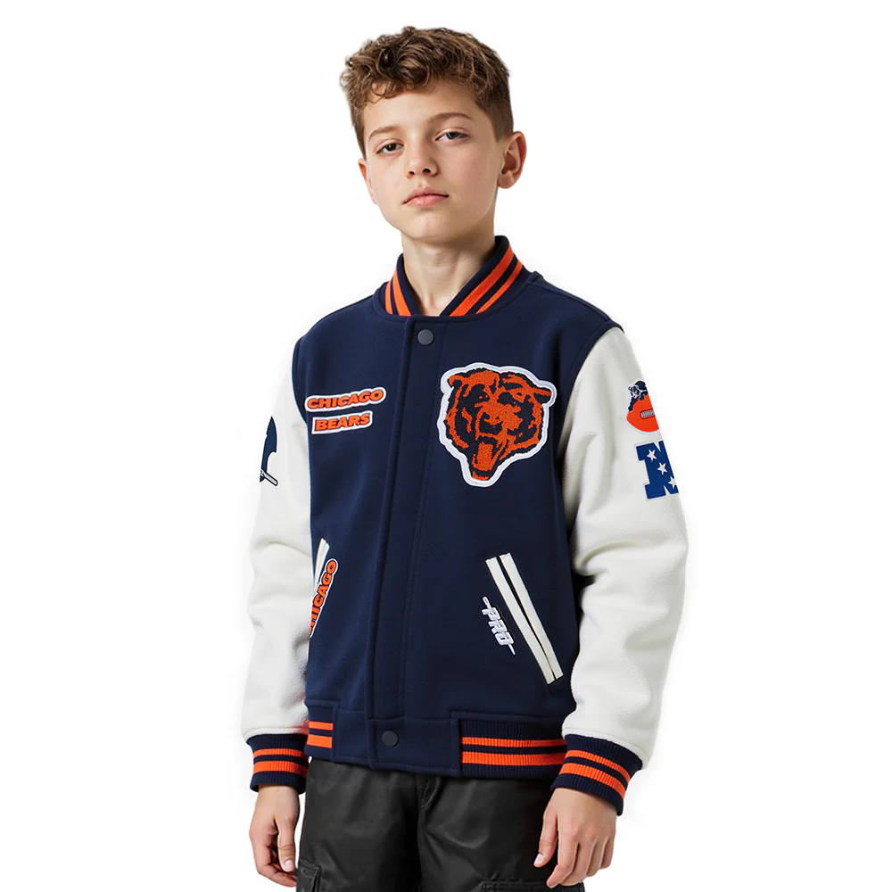 NFL CHICAGO BEARS RETRO CLASSIC LITTLE BOYS RIB WOOL VARSITY JACKET (MIDNIGHT NAVY/ORANGE/MIDNIGHT NAVY)
