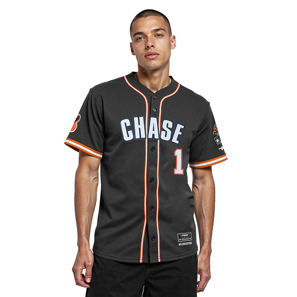 NFL CINCINNATI BENGALS JA'MARR CHASE #1 CLASSIC MESH PNN MEN'S MESH BUTTON DOWN SHIRT (BLACK/ORANGE)
