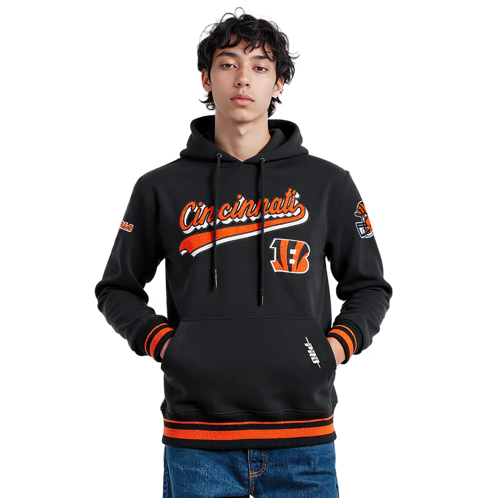 NFL CINCINNATI BENGALS SCRIPT TAIL MEN'S RIB FLC PO HOODIE (BLACK/ORANGE)