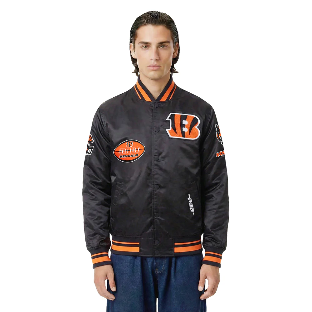 NFL CINCINNATI BENGALS OLD ENGLISH MEN'S RIB SATIN JACKET (BLACK/ORANGE)