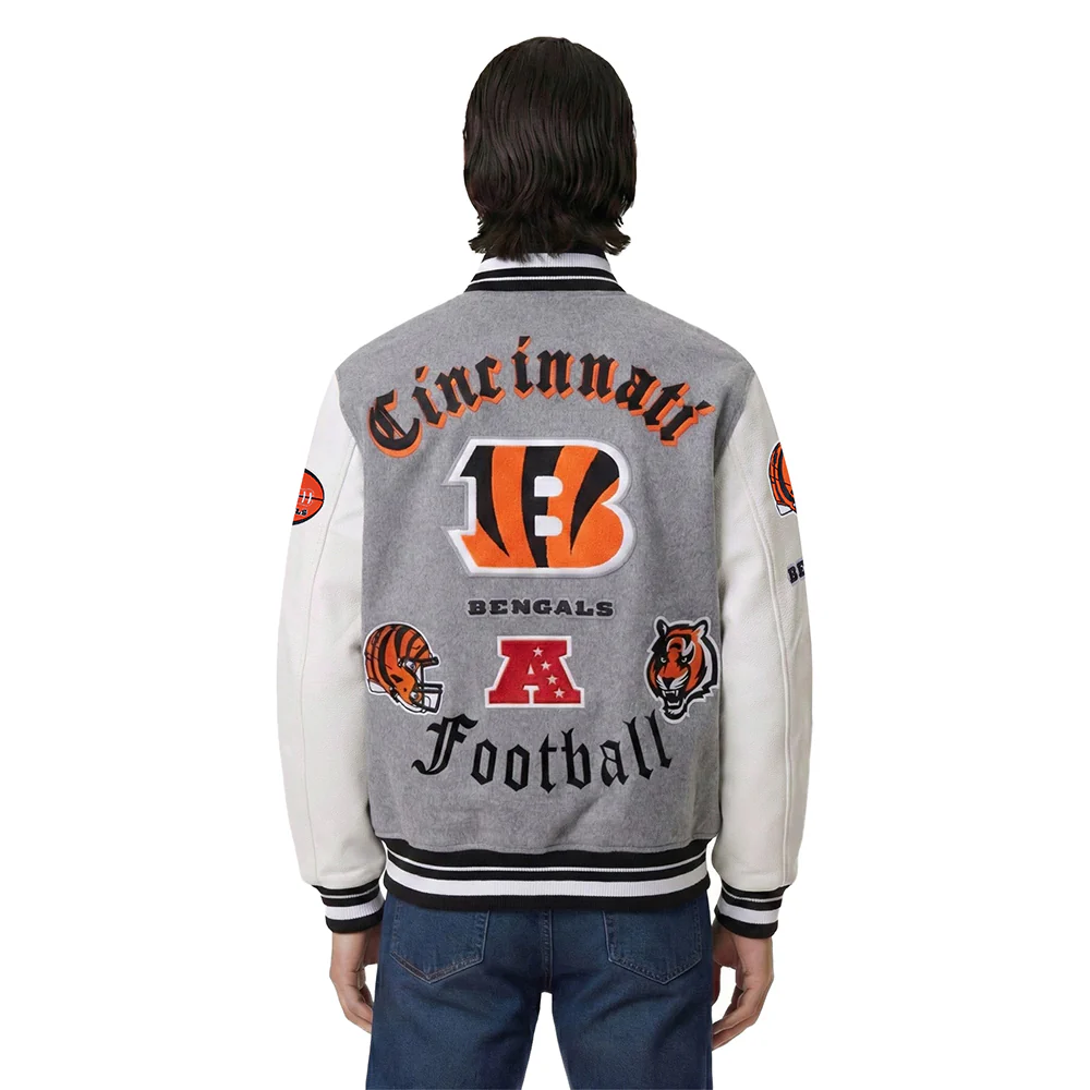 NFL CINCINNATI BENGALS OLD ENGLISH MEN'S RIB WOOL VARSITY JACKET (HEATHER GREY/WHITE/BLACK) - Image 2