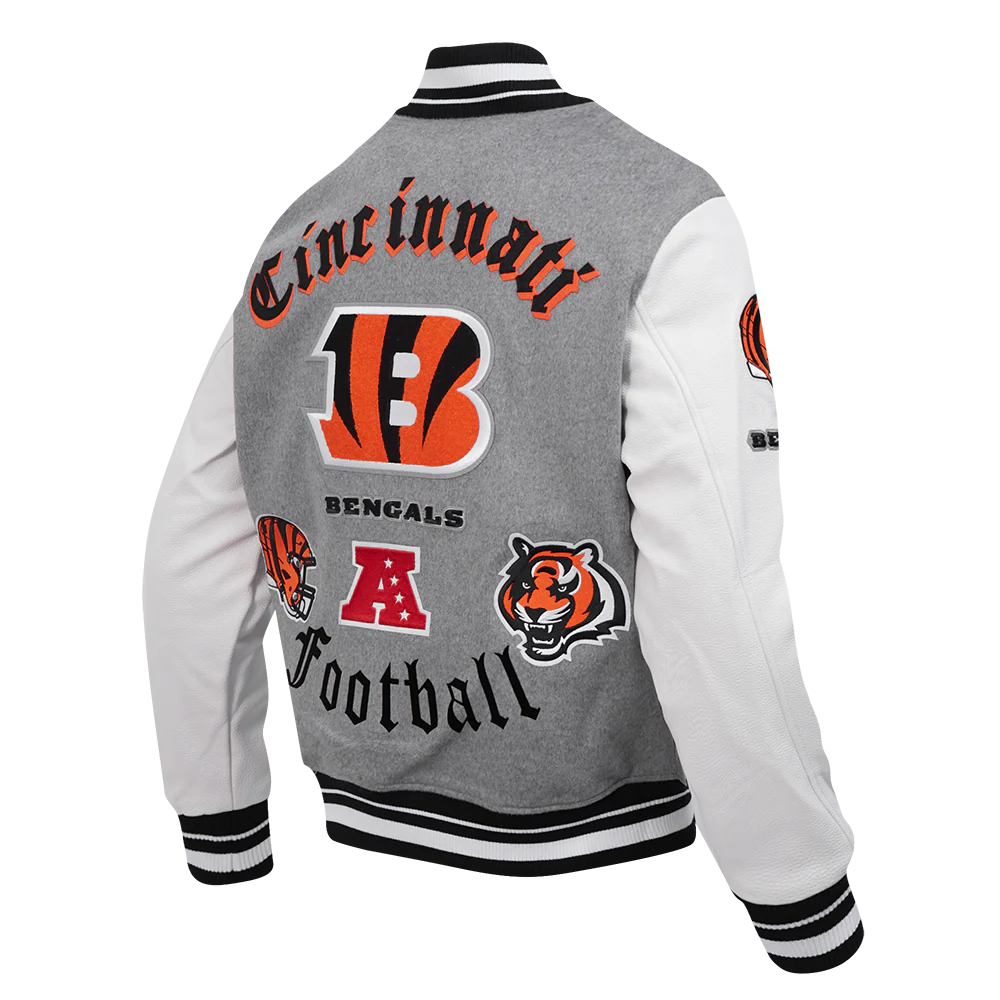 NFL CINCINNATI BENGALS OLD ENGLISH MEN'S RIB WOOL VARSITY JACKET (HEATHER GREY/WHITE/BLACK) - Image 4