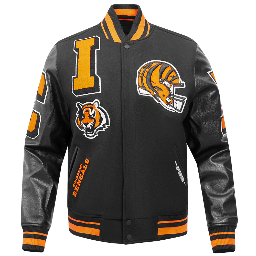 NFL CINCINNATI BENGALS MASHUP MEN'S RIB WOOL VARSITY JACKET (BLACK/ORANGE)