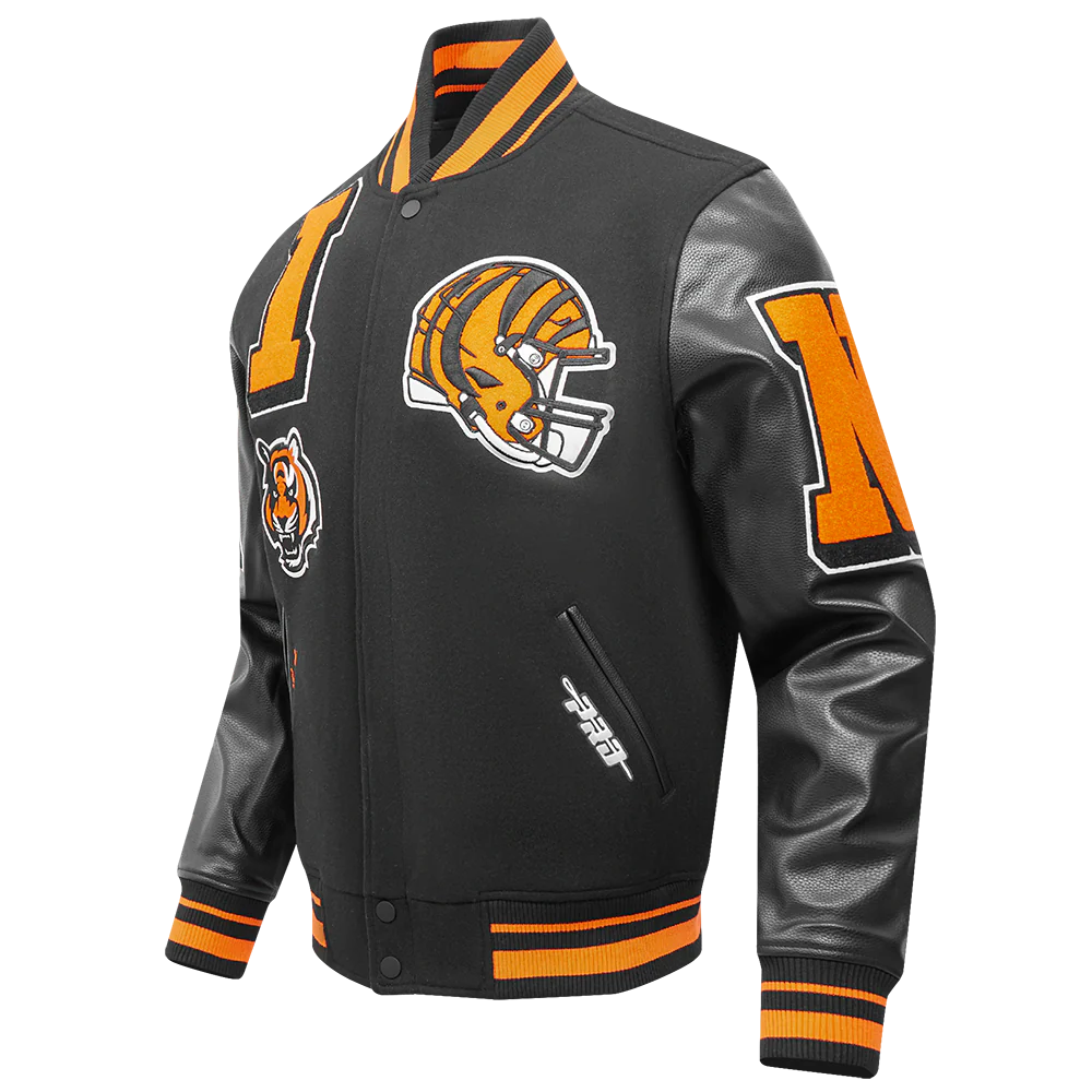 NFL CINCINNATI BENGALS MASHUP MEN'S RIB WOOL VARSITY JACKET (BLACK/ORANGE) - Image 2