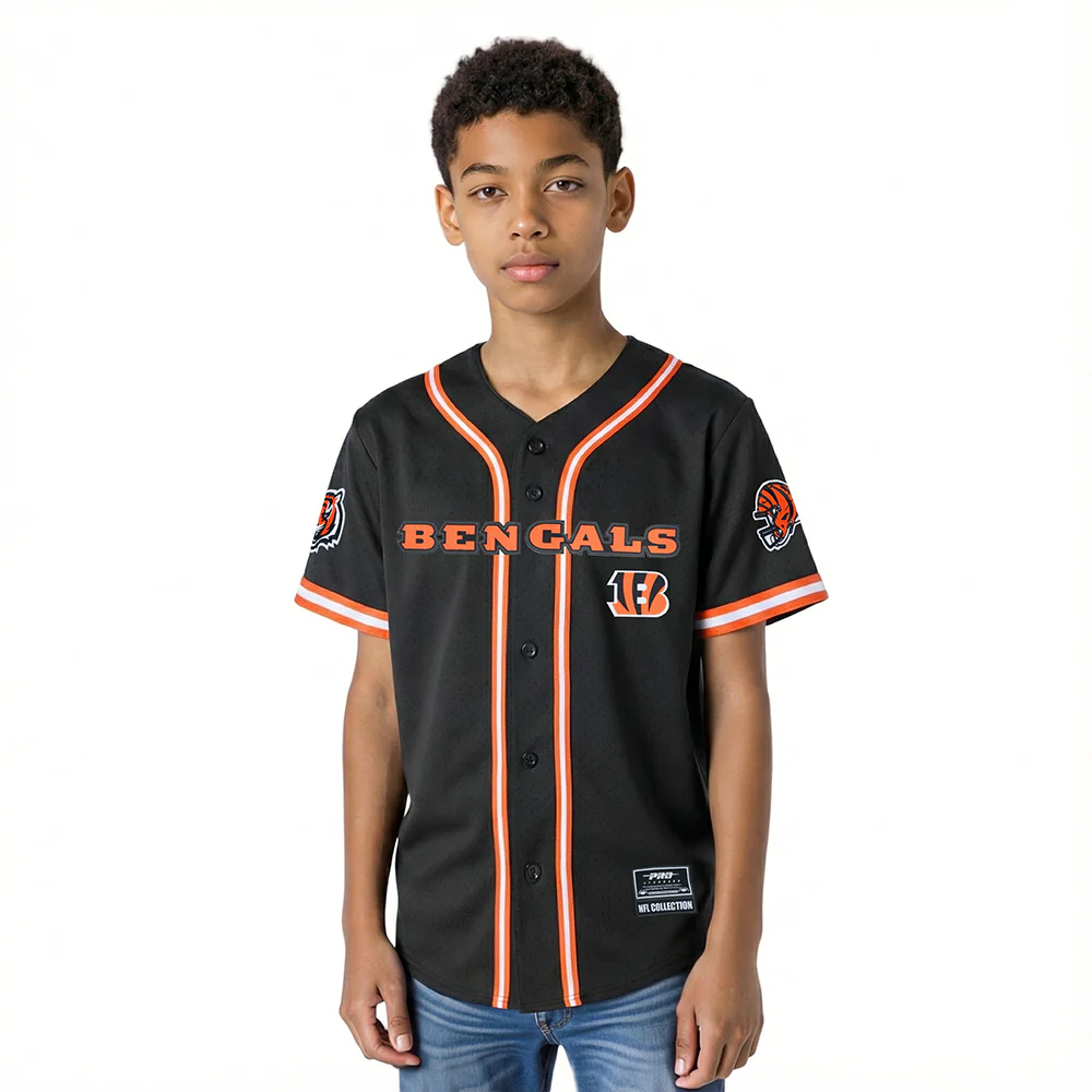 NFL CINCINNATI BENGALS CLASSIC BIG BOY'S MESH BUTTON DOWN SHIRT (BLACK/ORANGE)