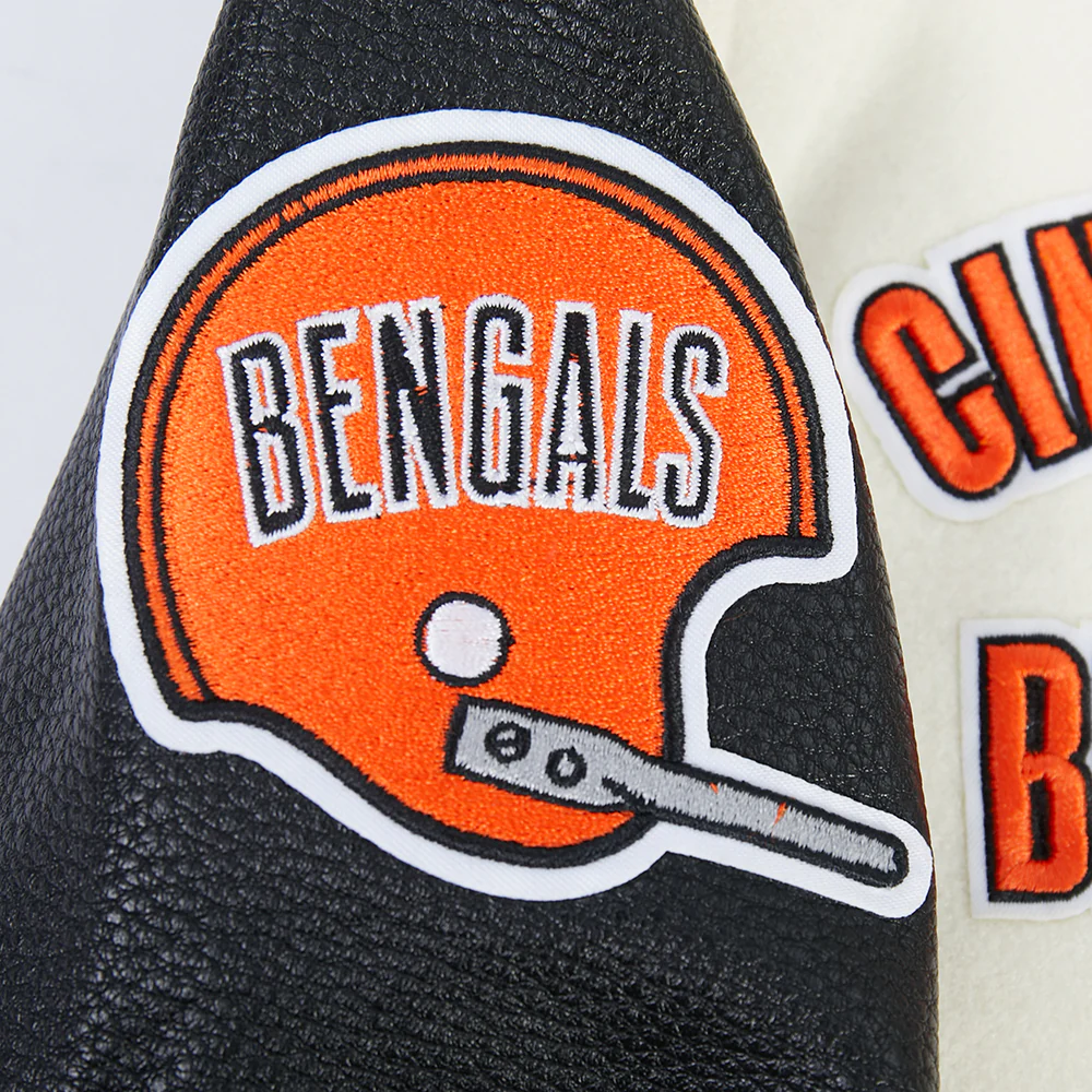 NFL CINCINNATI BENGALS RETRO CLASSIC BIG BOY'S RIB WOOL VARSITY JACKET (EGGSHELL/ BLACK) - Image 8