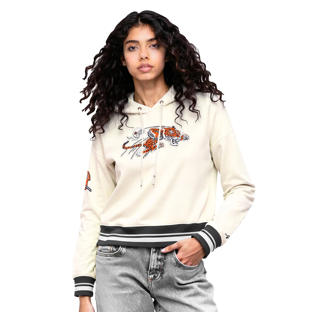 NFL CINCINNATI BENGALS RETRO CLASSIC WOMEN'S RIB CROPPED PO HOODIE (EGGSHELL/ BLACK)