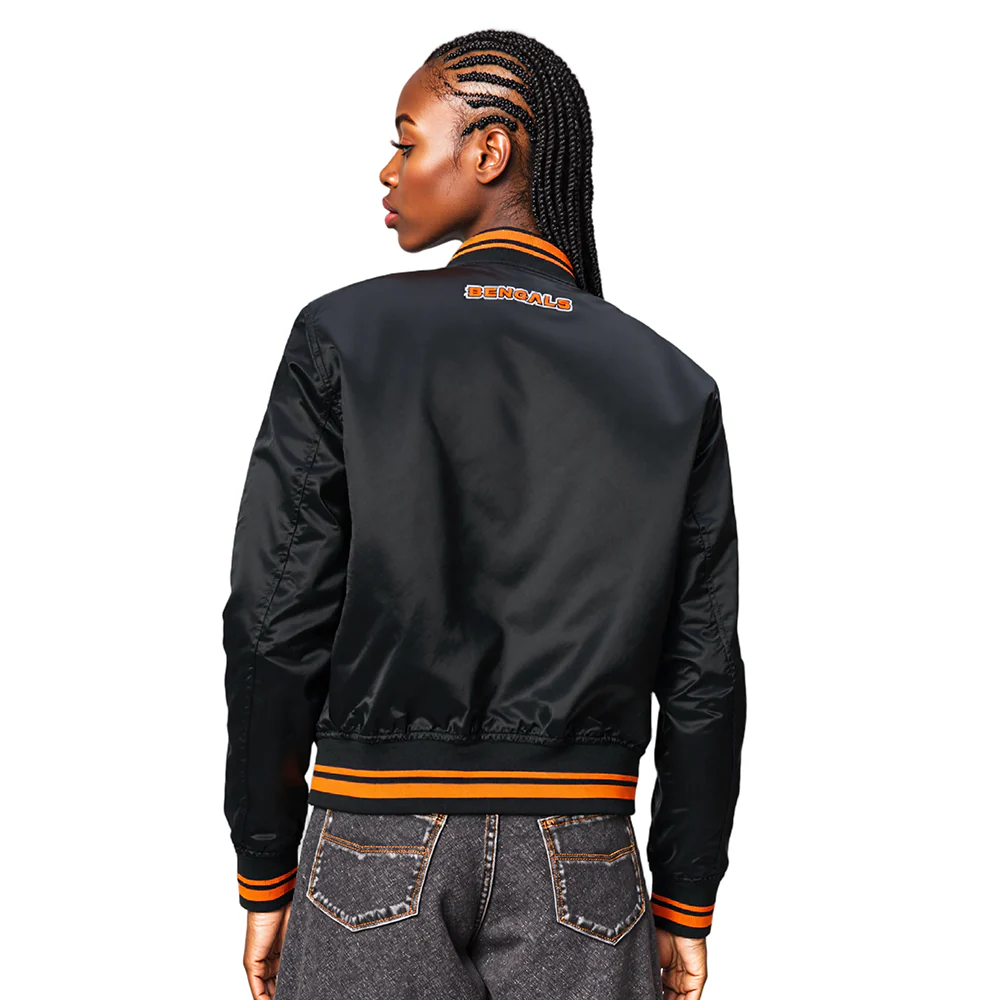 NFL CINCINNATI BENGALS SCRIPT TAIL WOMEN'S SATIN JACKET (BLACK/ORANGE) - Image 2