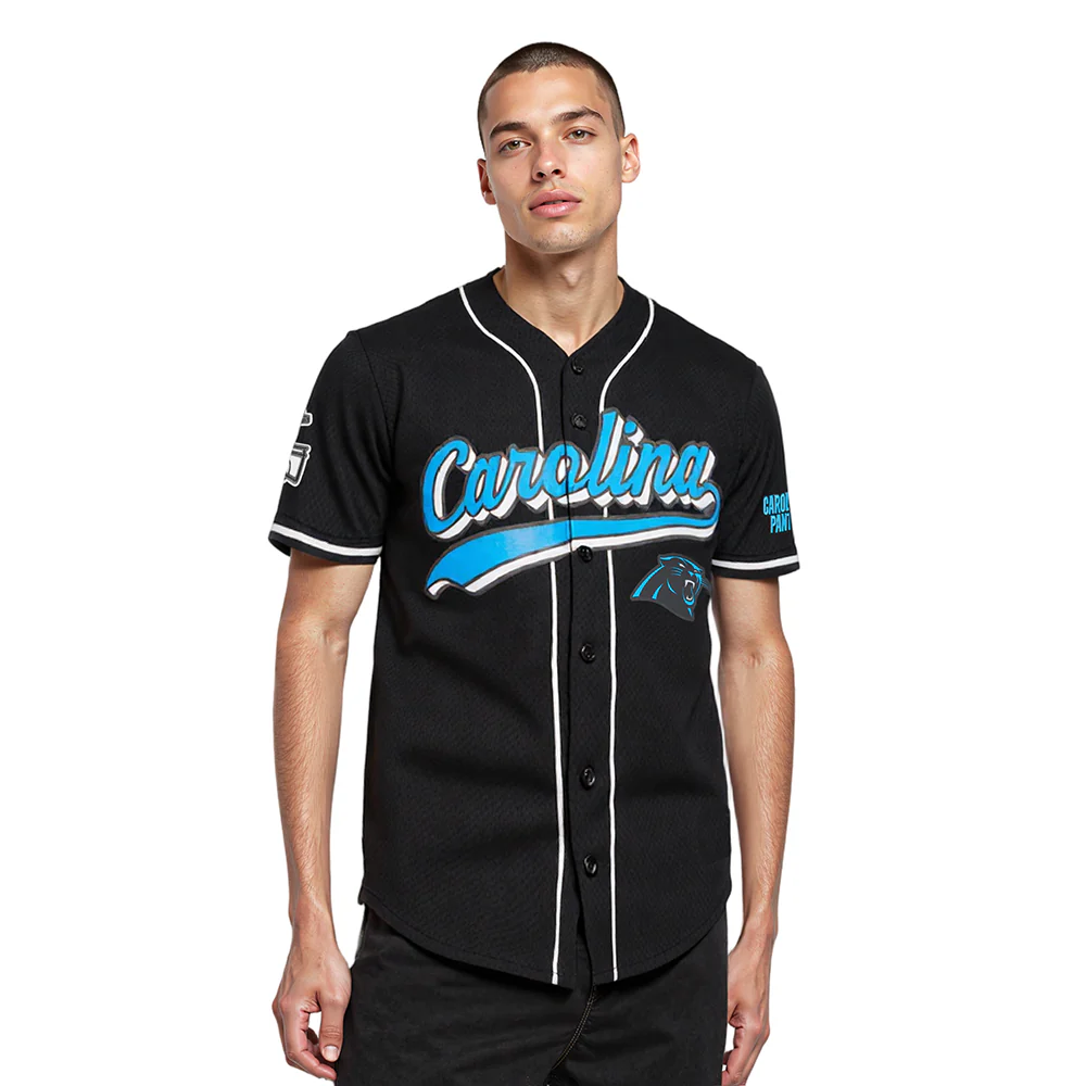 NFL CAROLINA PANTHERS SCRIPT TAIL MEN'S MESH BUTTON DOWN SHIRT (BLACK)