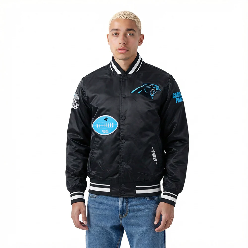 NFL CAROLINA PANTHERS OLD ENGLISH MEN'S RIB SATIN JACKET (BLACK)