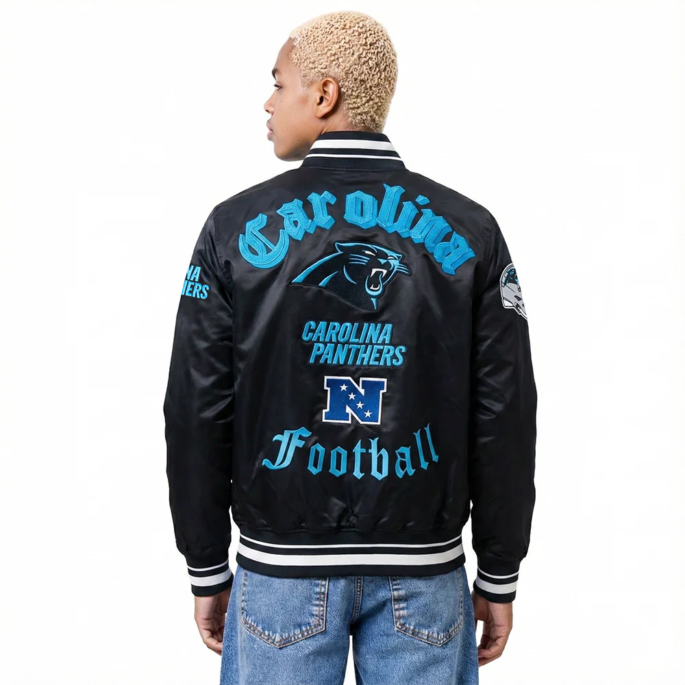 NFL CAROLINA PANTHERS OLD ENGLISH MEN'S RIB SATIN JACKET (BLACK) - Image 2