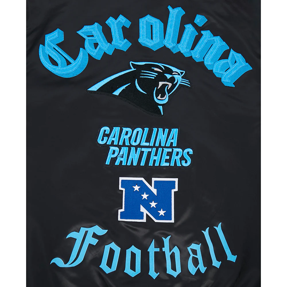 NFL CAROLINA PANTHERS OLD ENGLISH MEN'S RIB SATIN JACKET (BLACK) - Image 5