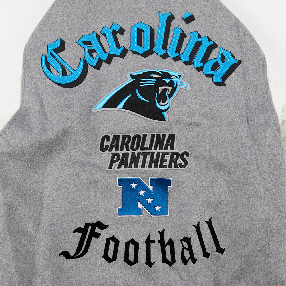 NFL CAROLINA PANTHERS OLD ENGLISH MEN'S RIB WOOL VARSITY JACKET (HEATHER GREY/WHITE/BLACK) - Image 8