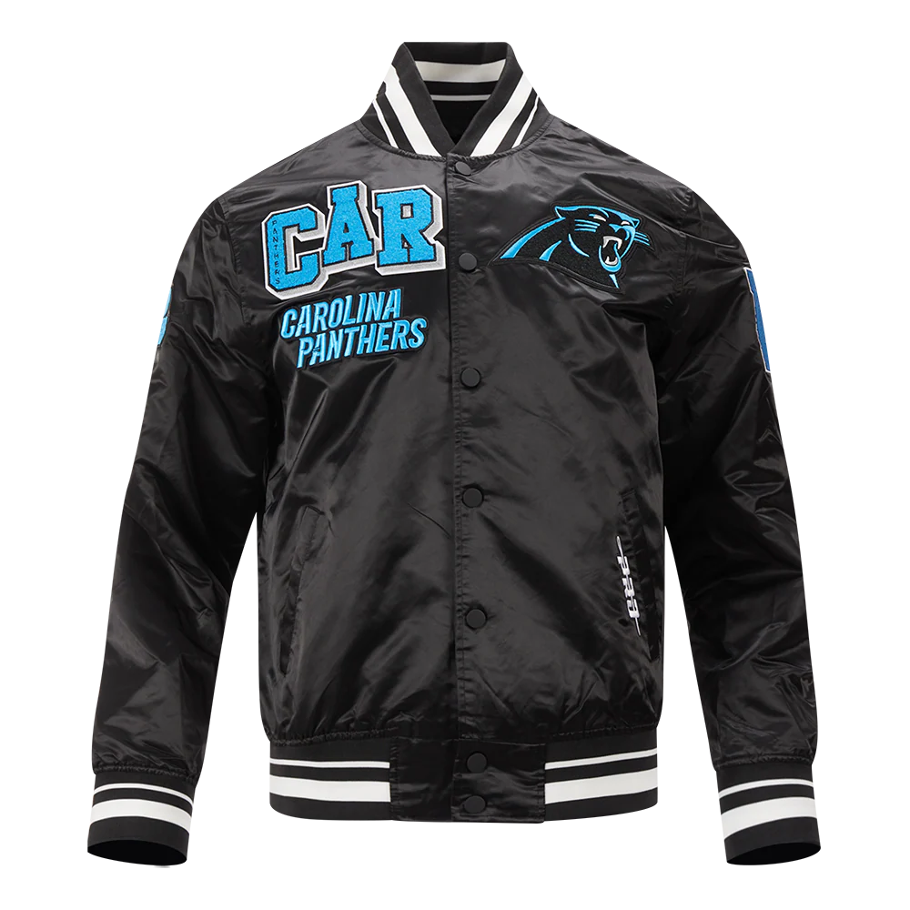 NFL CAROLINA PANTHERS MASHUP MEN'S RIB SATIN JACKET (BLACK)