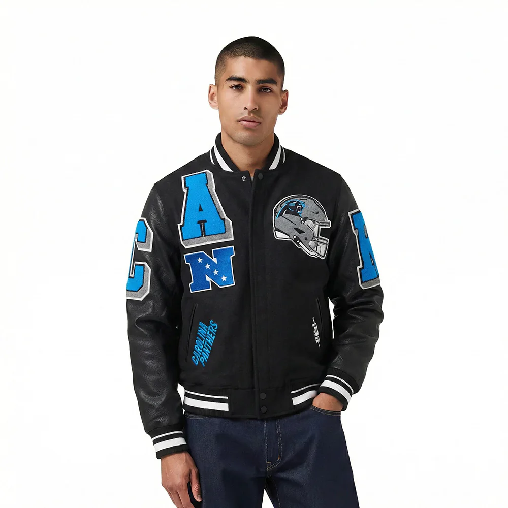 NFL CAROLINA PANTHERS MASHUP MEN'S RIB WOOL VARSITY JACKET (BLACK)