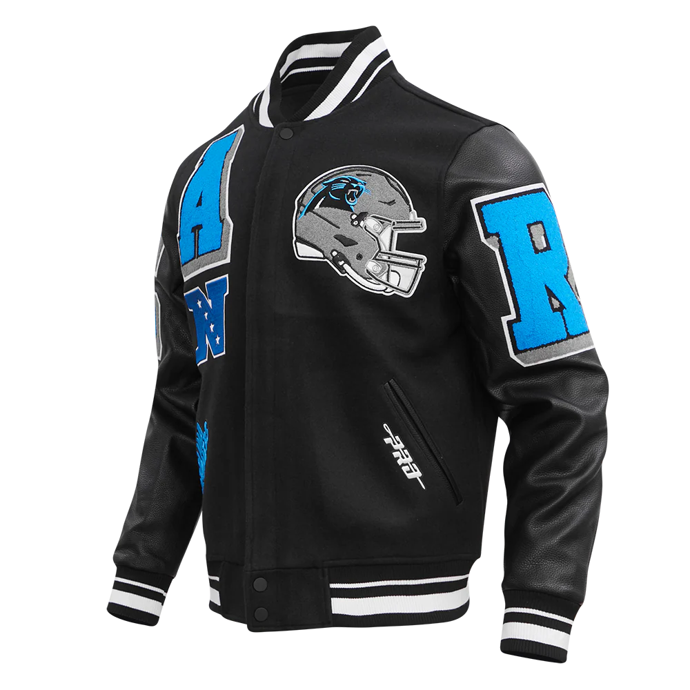 NFL CAROLINA PANTHERS MASHUP MEN'S RIB WOOL VARSITY JACKET (BLACK) - Image 4