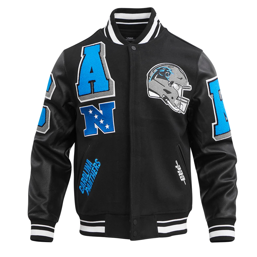 NFL CAROLINA PANTHERS MASHUP MEN'S RIB WOOL VARSITY JACKET (BLACK) - Image 5