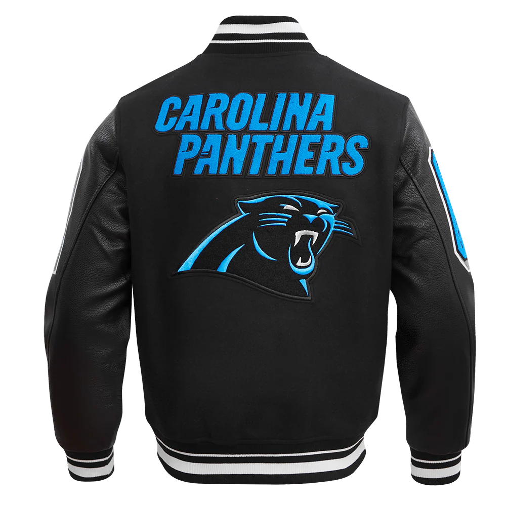 NFL CAROLINA PANTHERS MASHUP MEN'S RIB WOOL VARSITY JACKET (BLACK) - Image 8