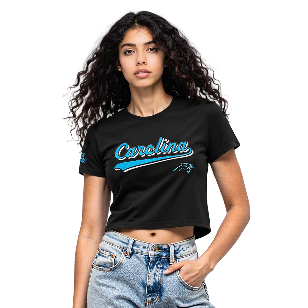 NFL CAROLINA PANTHERS SCRIPT TAIL WOMEN'S SJ BOXY TEE (BLACK)