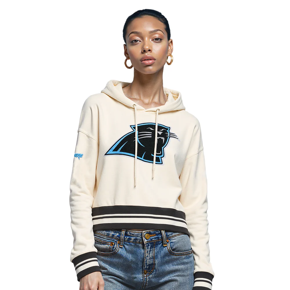NFL CAROLINA PANTHERS RETRO CLASSIC WOMEN'S RIB CROPPED PO HOODIE (EGGSHELL/ BLACK)