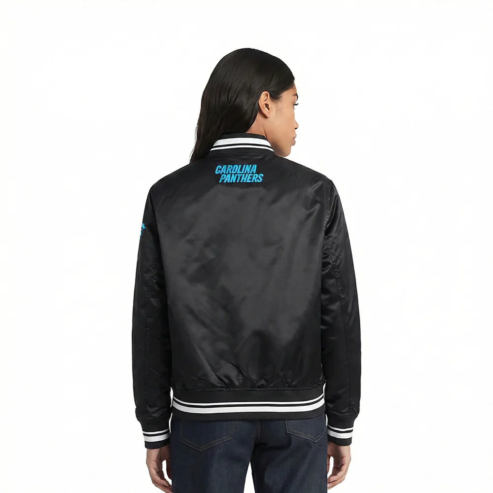 NFL CAROLINA PANTHERS SCRIPT TAIL WOMEN'S SATIN JACKET (BLACK) - Image 2