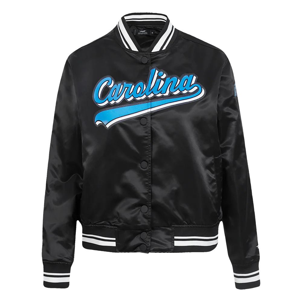 NFL CAROLINA PANTHERS SCRIPT TAIL WOMEN'S SATIN JACKET (BLACK) - Image 5