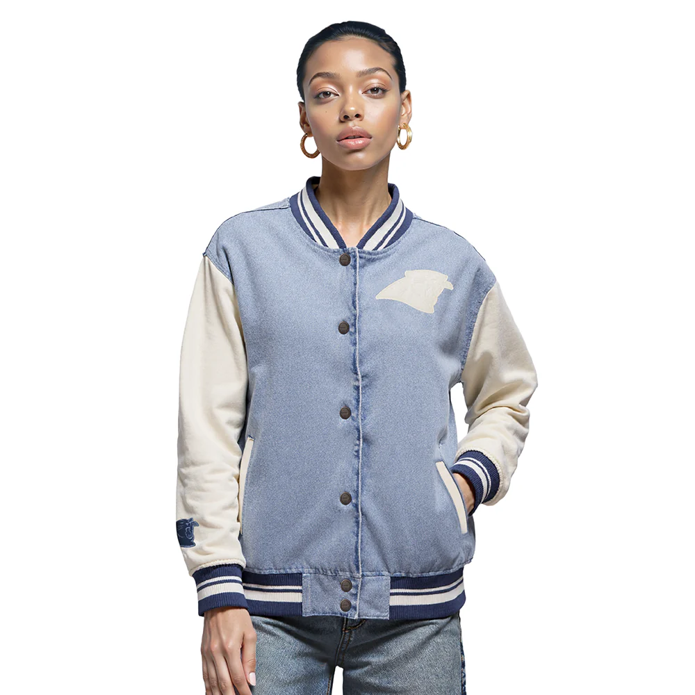 NFL CAROLINA PANTHERS VARSITY BLUES WOMEN'S DENIM VARSITY JACKET (DENIM/LINEN)