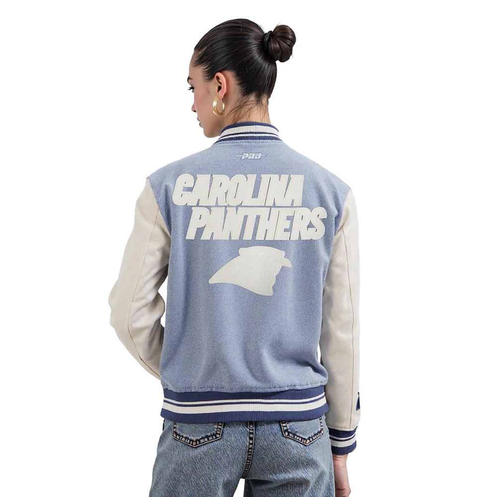 NFL CAROLINA PANTHERS VARSITY BLUES WOMEN'S DENIM VARSITY JACKET (DENIM/LINEN) - Image 2