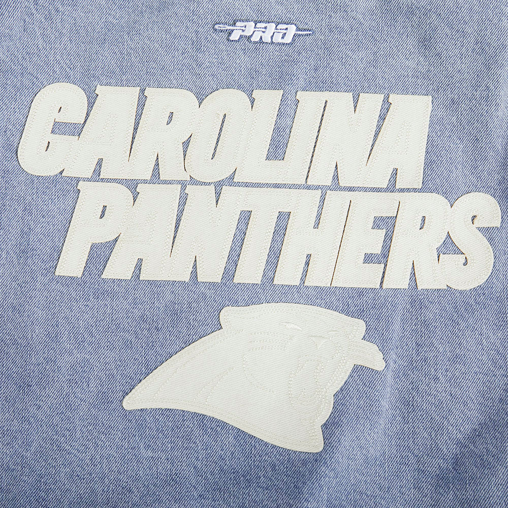 NFL CAROLINA PANTHERS VARSITY BLUES WOMEN'S DENIM VARSITY JACKET (DENIM/LINEN) - Image 5