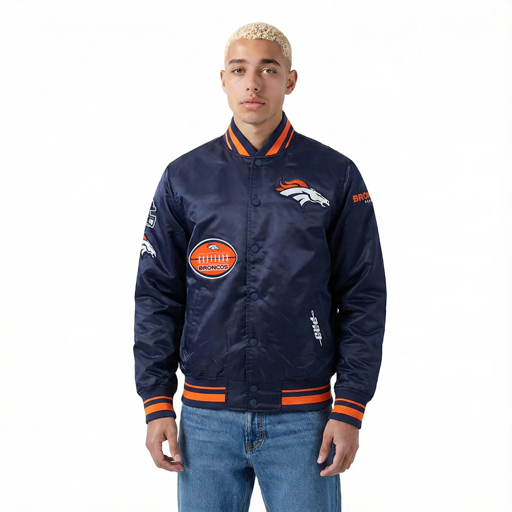 NFL DENVER BRONCOS OLD ENGLISH MEN'S RIB SATIN JACKET (MIDNIGHT NAVY/ORANGE/MIDNIGHT NAVY)