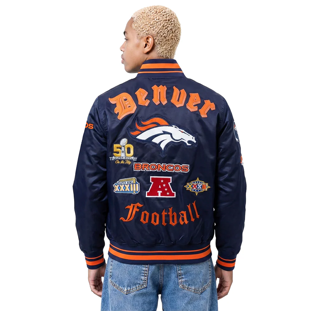 NFL DENVER BRONCOS OLD ENGLISH MEN'S RIB SATIN JACKET (MIDNIGHT NAVY/ORANGE/MIDNIGHT NAVY) - Image 2