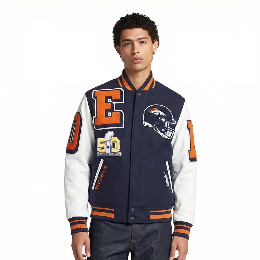 NFL DENVER BRONCOS MASHUP MEN'S RIB WOOL VARSITY JACKET (MIDNIGHT NAVY/ORANGE/MIDNIGHT NAVY)