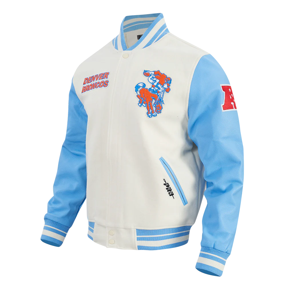 NFL DENVER BRONCOS RETRO CLASSIC MEN'S RIB WOOL VARSITY JACKET (EGGSHELL/UNIVERSITY BLUE)