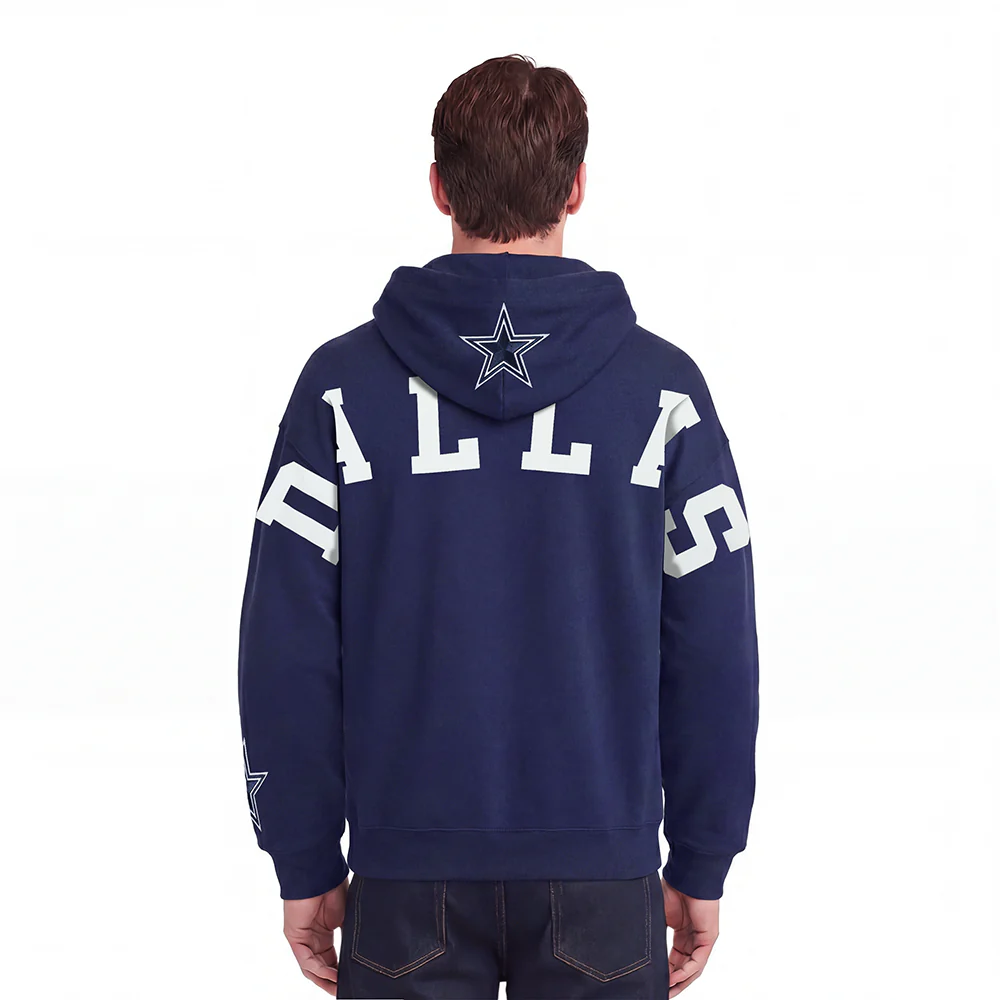 NFL DALLAS COWBOYS WINGSPAN MEN'S DROP SHOULDER FLEECE PULLOVER HOODIE (MIDNIGHT NAVY)