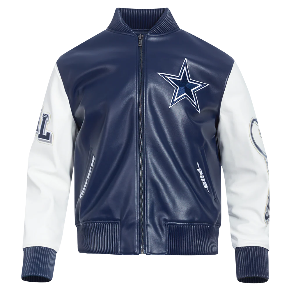 NFL DALLAS COWBOYS CITY SIGNATURE MEN'S LEATHER VARSITY JACKET (MIDNIGHT NAVY/WHITE)