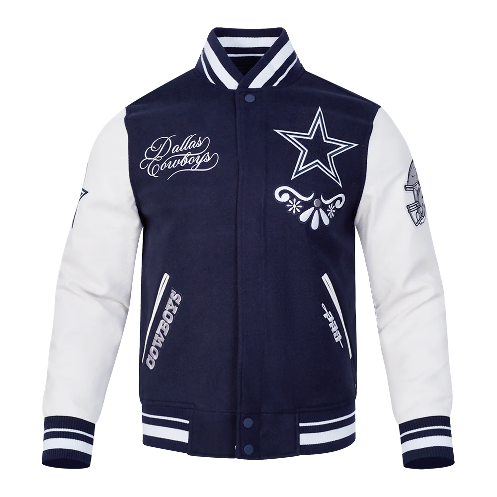 NFL DALLAS COWBOYS SUGAR SKULL MEN'S RIB WOOL VARSITY JACKET (MIDNIGHT NAVY/WHITE)