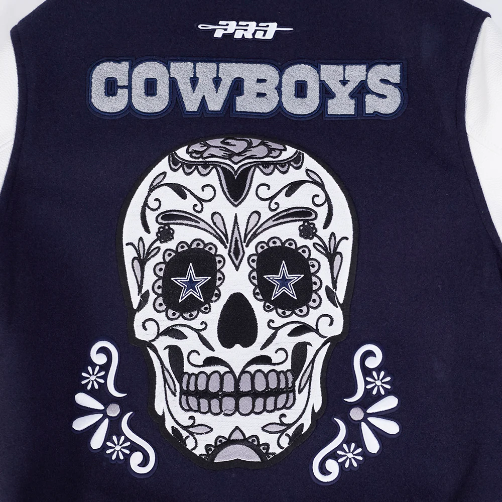 NFL DALLAS COWBOYS SUGAR SKULL MEN'S RIB WOOL VARSITY JACKET (MIDNIGHT NAVY/WHITE) - Image 10