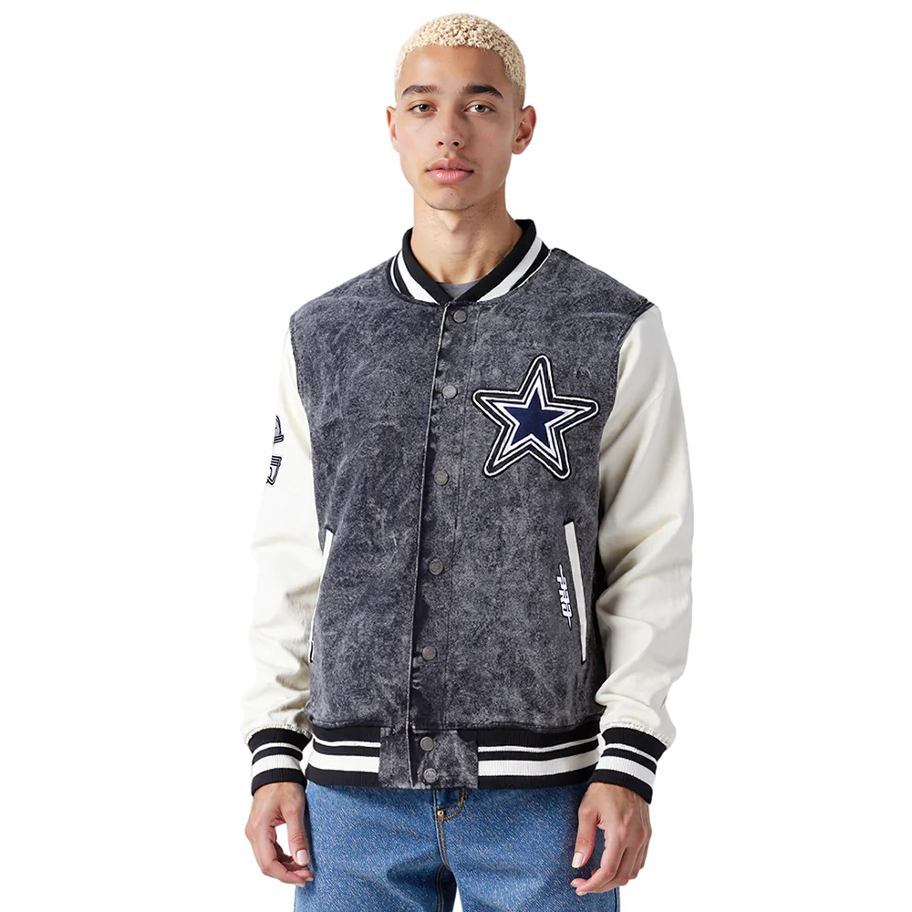 NFL DALLAS COWBOYS REBEL ATHLETICS MEN'S DENIM VARSITY JACKET (WASHED BLACK/EGGSHELL)