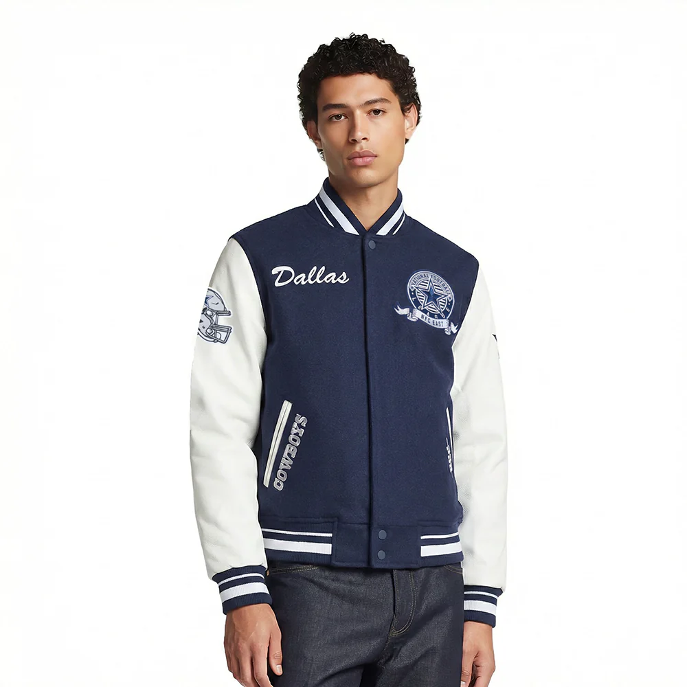 NFL DALLAS COWBOYS TEAM BADGE MEN'S RIB WOOL VARSITY JACKET (MIDNIGHT NAVY/WHITE)