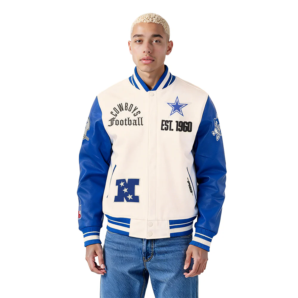 NFL DALLAS COWBOYS MODERN ORIGINALS MEN'S RIB WOOL VARSITY JACKET (EGGSHELL/DODGER BLUE)